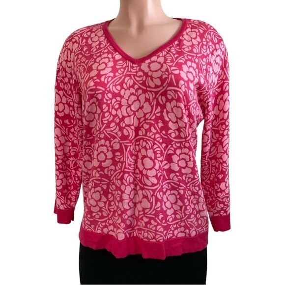 Talbots Floral Lightweight Sweater Womens Size LARGE Pink V-Neck‎ Cotton Blend - Picture 1 of 7